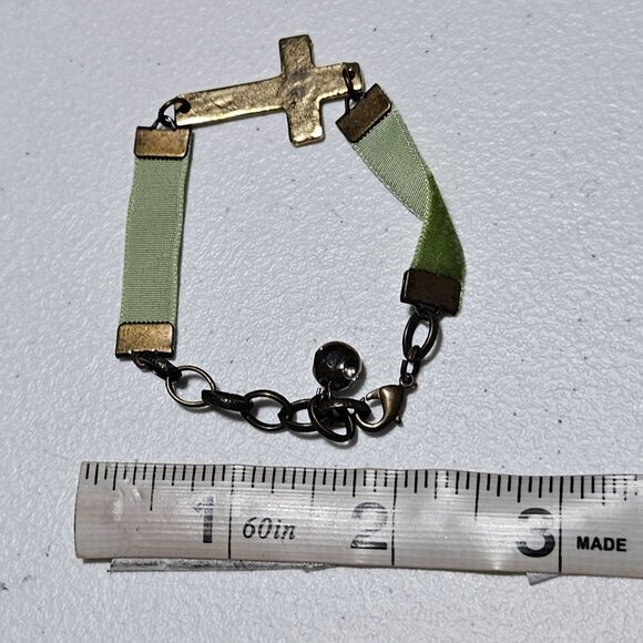 Gold Cross Bracelet Green Ribbon Chain Adjustable Length Antique Finish Jewelry - Picture 6 of 6